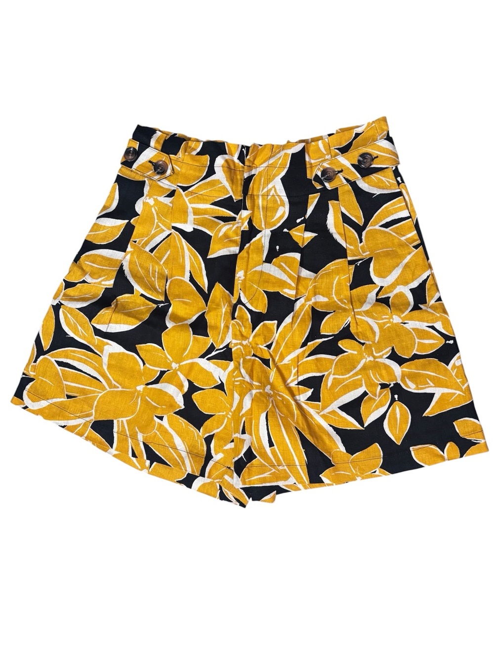NWT Who What Wear Size 8 High Rise Yellow Black Floral Linen Paper Bag Shorts